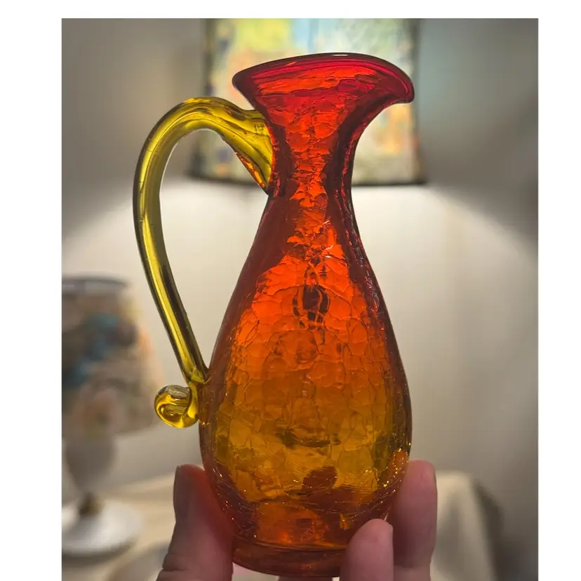 Vintage 5” tall  Blenko crackle art glass pitcher, amberina transitions from red to yellow