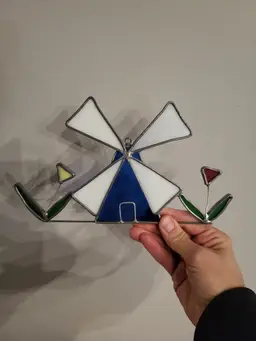 Vintage Handmade Stained Glass Windmill and Flowers Sun Catcher