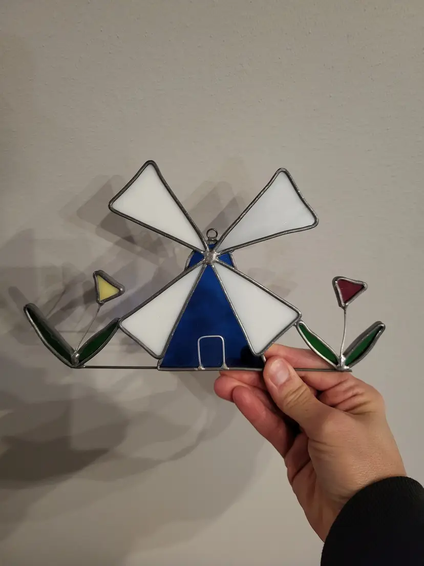 Vintage Handmade Stained Glass Windmill and Flowers Sun Catcher
