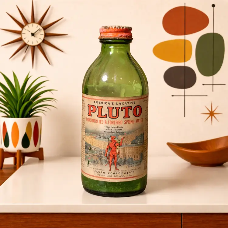 Vintage Pluto Water Bottle French Lick IN Green Glass Laxative Devil Label Apothecary Advertising