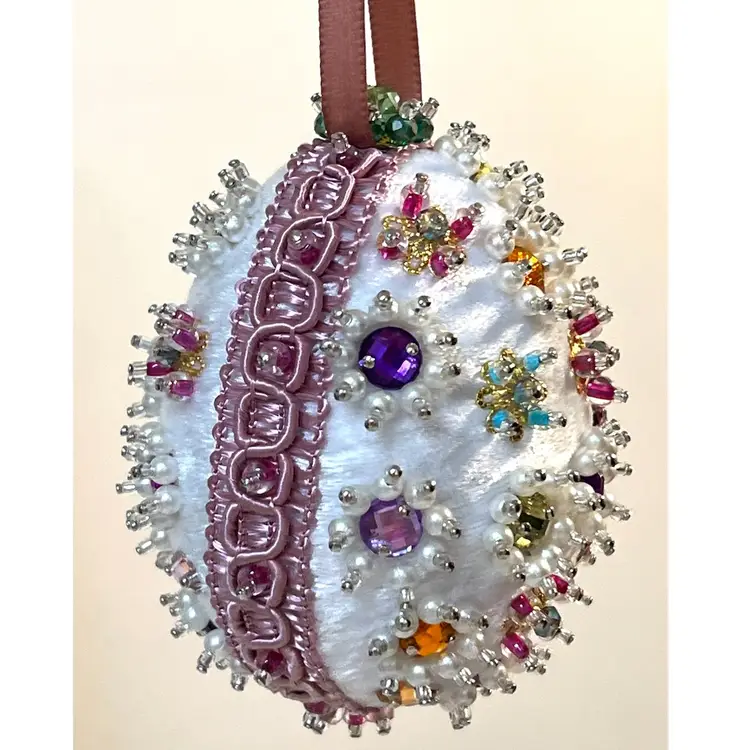 Handmade Vintage Style Push Pin Easter Egg Ornament Pearls Beads Sequins Ribbon 3.5 in Height