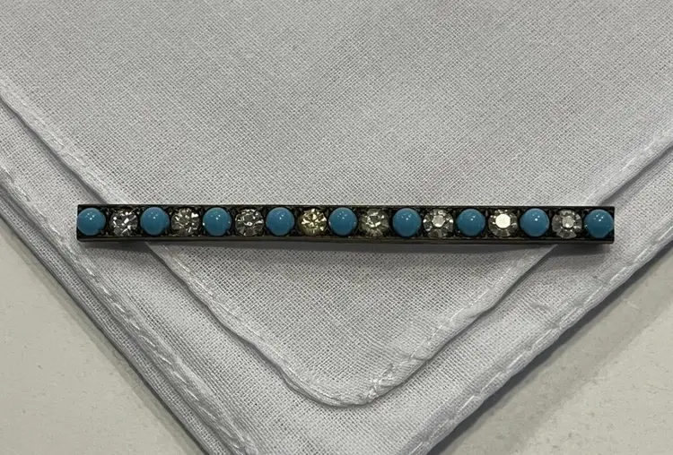 Victorian Turquoise Glass Rhinestones Antique Bar Pin Brooch Gold Tone Brass ?