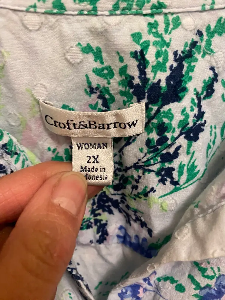 Croft & Barrow Womens Top Blouse Button Up 2X 2XL Blue & Green Floral Print