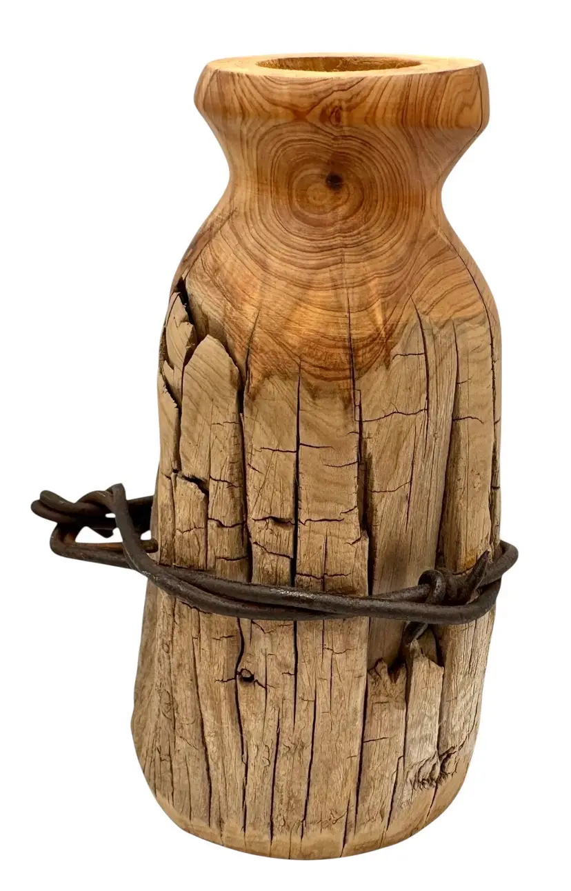 Handmade Turned Wood Bud Vase Barbed Wire Wrapped Country Rustic Southwest 5.25”