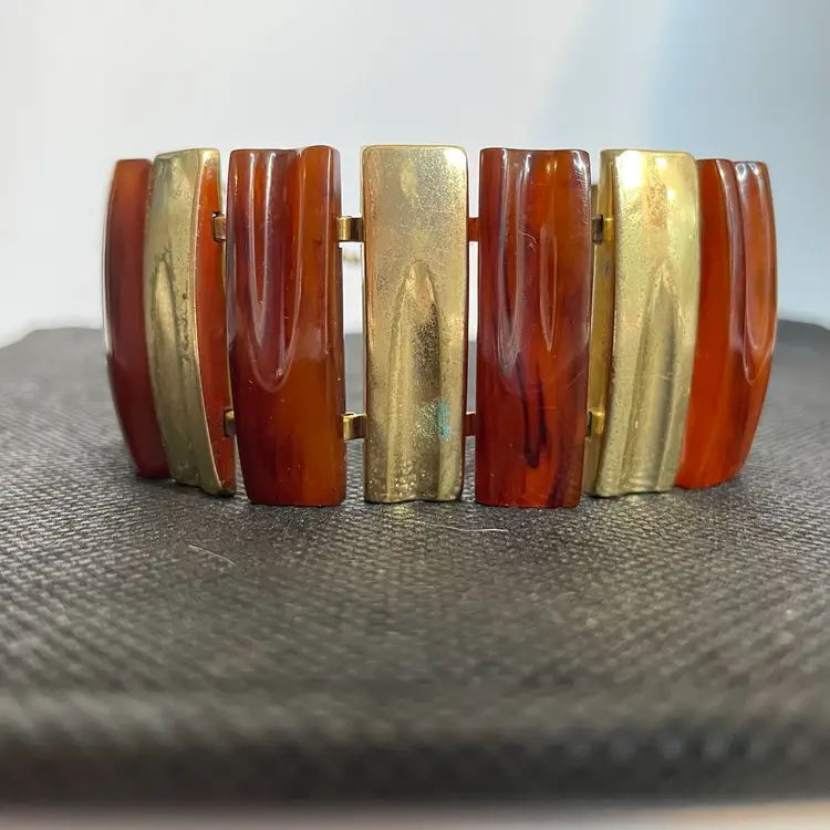 Vtg 30s Art Deco Bakelite Modular Panel Bracelet Gold Patina Rare Wide Chain