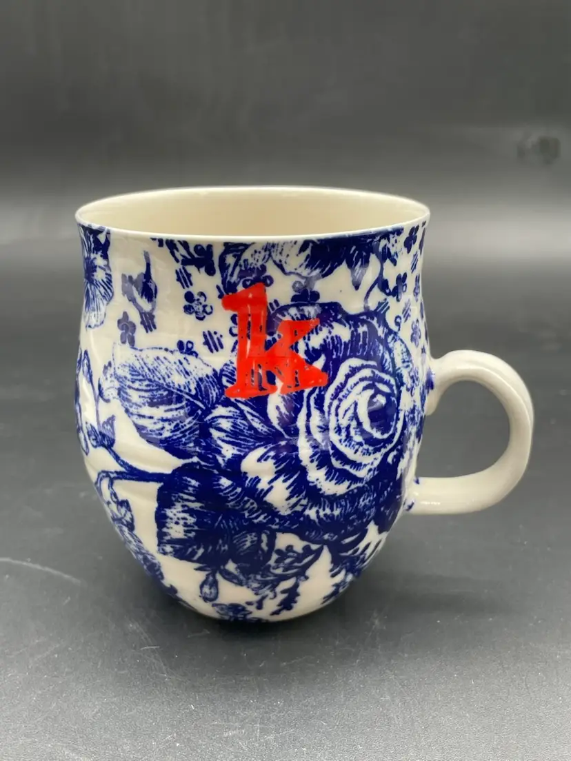 Anthropologie Homegrown Monogram Mug Initial “K” Blue & White Floral Coffee Mug