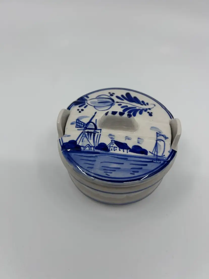 Delft Holland Blue & White Windmill Design Lidded Barrel Shape Pot •Butter/Sugar/Trinket Box