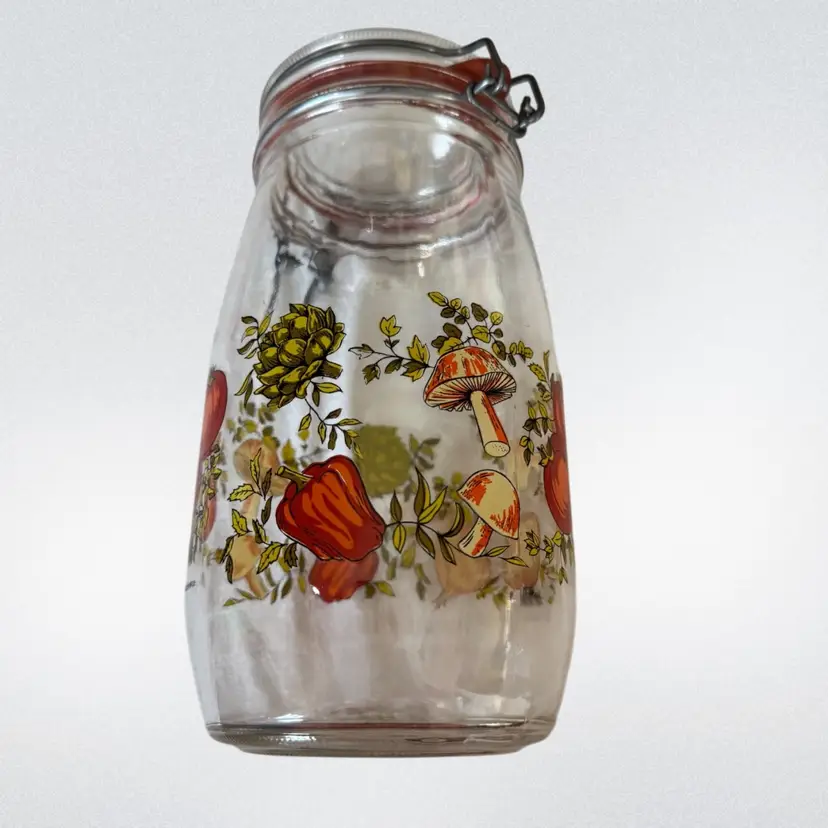 Arc France Glass Canister SPICE OF LIFE Mushroom Vegetables Hinged Lid 1.5 L '70s