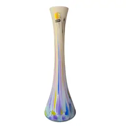 Lucyna Huta Szkla Vintage Art Glass Flute Vase Poland Cobalt Blue Yellow Purple White - 13”