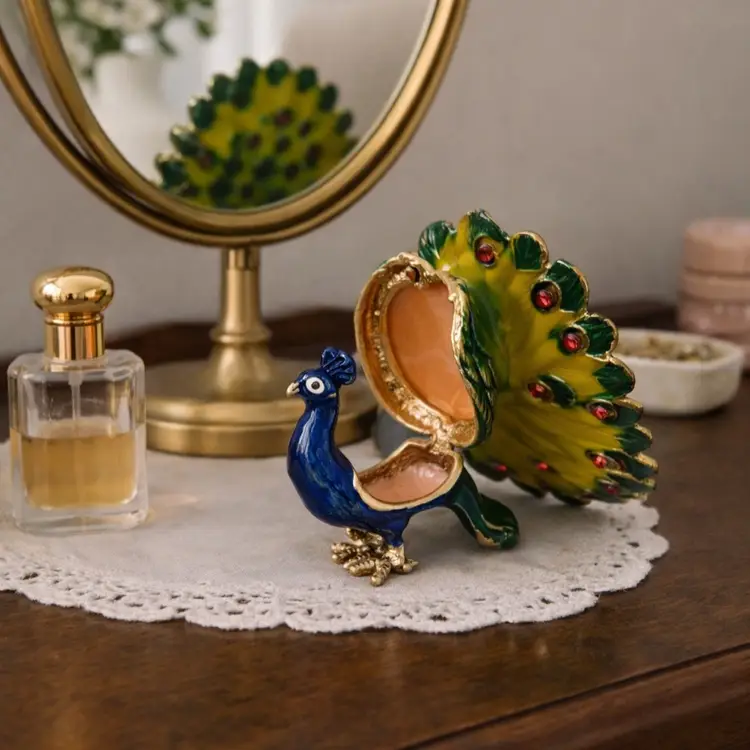 Vintage Jeweled Peacock Trinket Box | Enamel Bird Ring Box with Rhinestones (Blue)