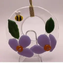 ORN Made by Me! Fused Glass Purple Flowers Ornament 3.5” Handcrafted Studio Art