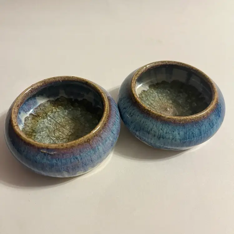 Blue Ridge VA Pottery Signed Blue Drip Crackle Glass Votive Ring Dish Air Plant