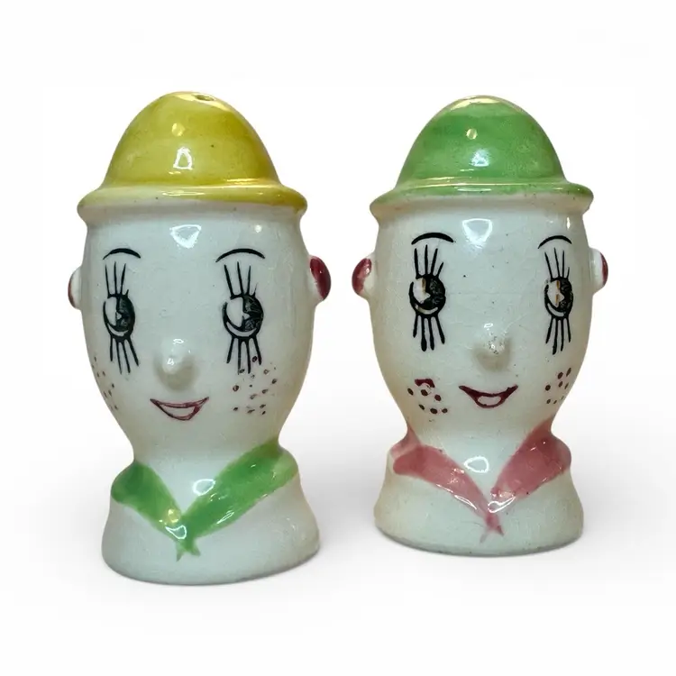 Anthropomorphic Egg Head Salt and Pepper Shakers Vintage Japan Art Deco