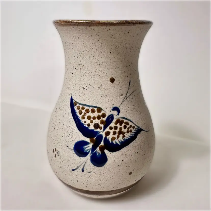 Signed Vintage Tonala Mexican Hand Painted Stoneware Pottery Vase w/butterfly