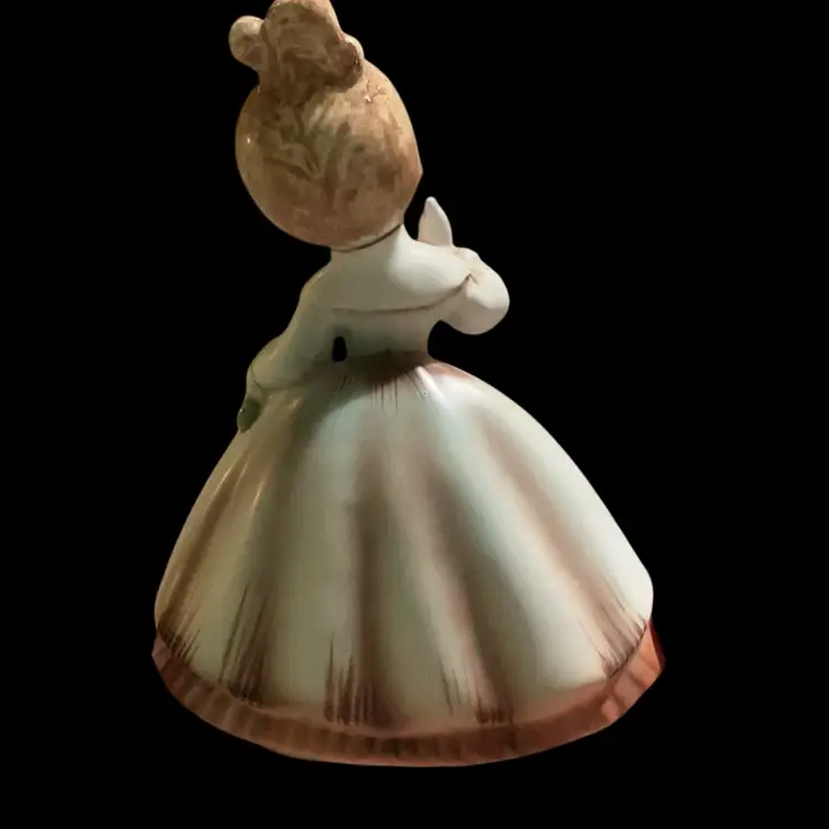 Vintage Inarco Porcelain Girl. Produced In 1963, Hand Painted Young Girl Figurine In A Crinoline Style Dress- Holding A Bouquet Of Pink Flowers. Model # E- 1032 & Stamped 1963 Inarco, Cleve, Ohio.