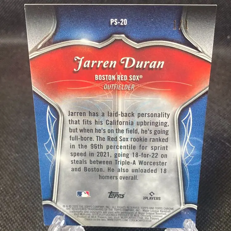 Jarren Duran Topps Chrome Logofractor 2022 Boston Redsox Rookie Card 1/1