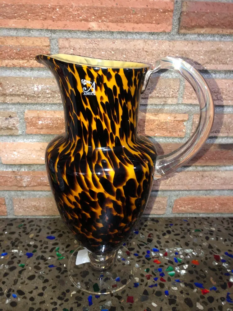 Vintage Global Amici Safari Leopard Pattern Pitcher. 11” Italian glass company
