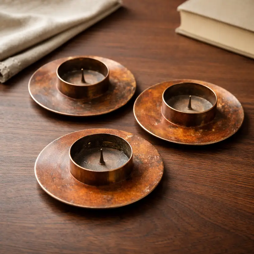 3 Rustic Metal Candle Stick Holders, 3.75" Diameter