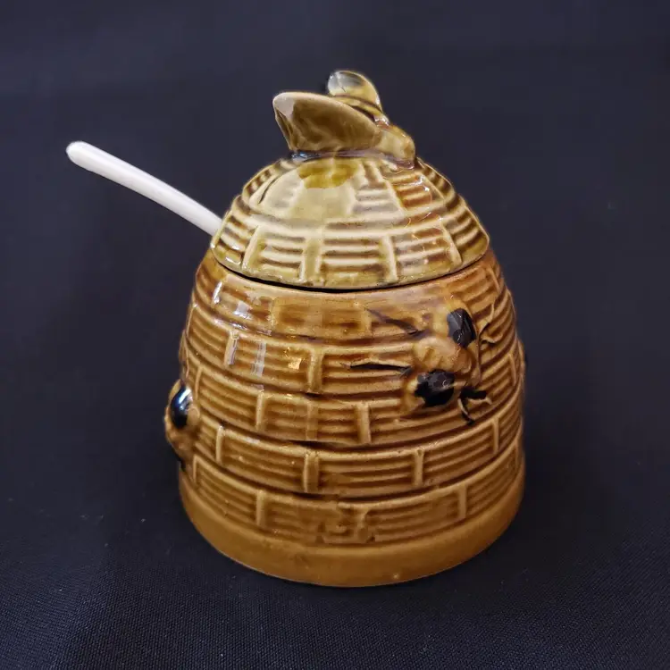 Bees Beehive Honey Jar & Lid Ceramic with Plastic Spoon Jelly Server Korea 3 1/2" Tall