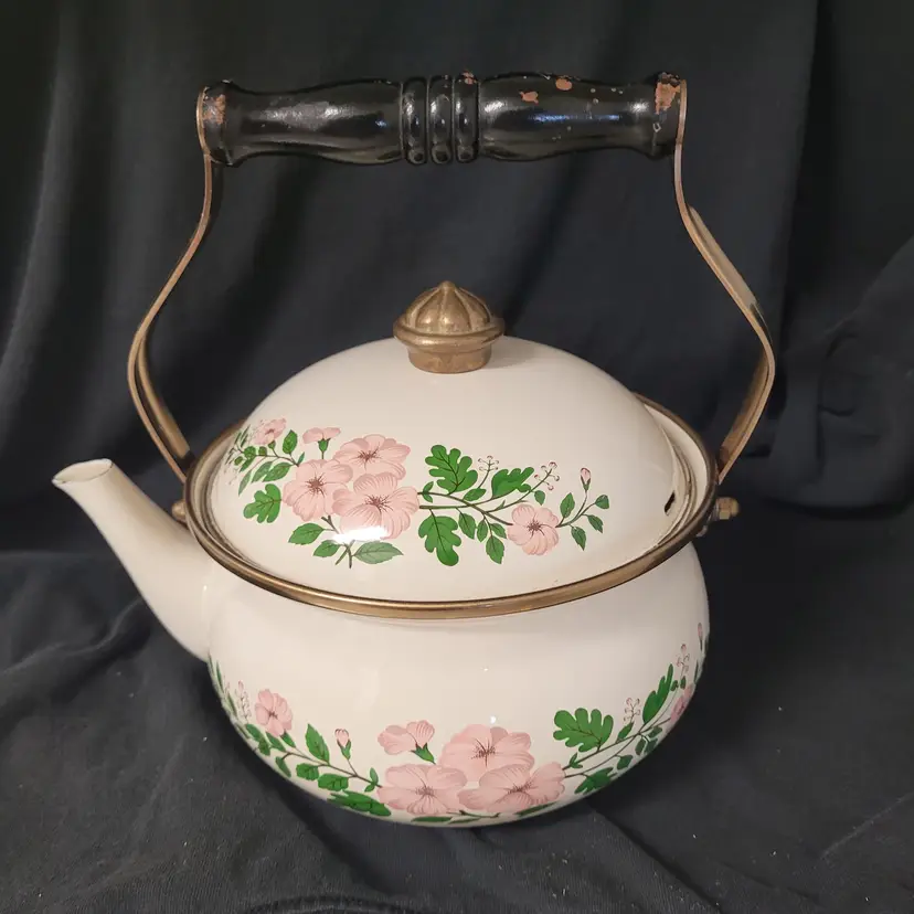 Vintage Teapot Floral Enamel/Brass Wood 9.5 in Tall W/Handle