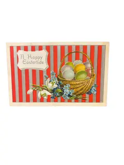 Antique A Happy Eastertide Postcard Straw Basket of Easter Eggs Striped Metallic