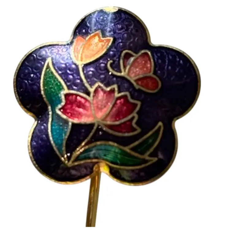 Enamel Flower Stick Pin With Butterfly Gold Tone
