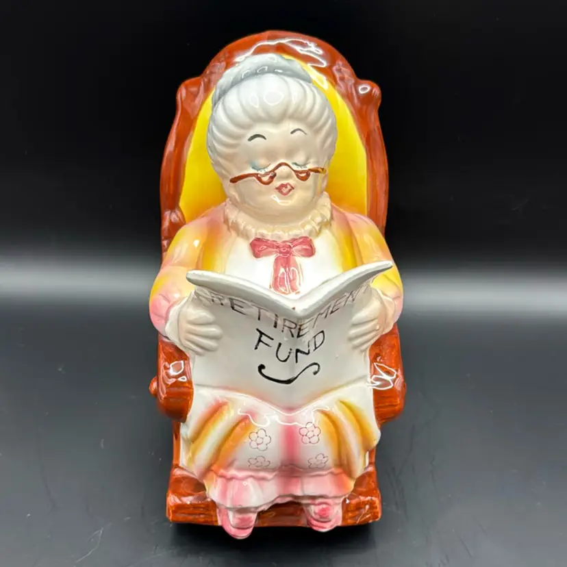 Vintage Lefton Grandma Rocking Chair “Retirement Fund” Piggy Bank w/ Stopper 7.5
