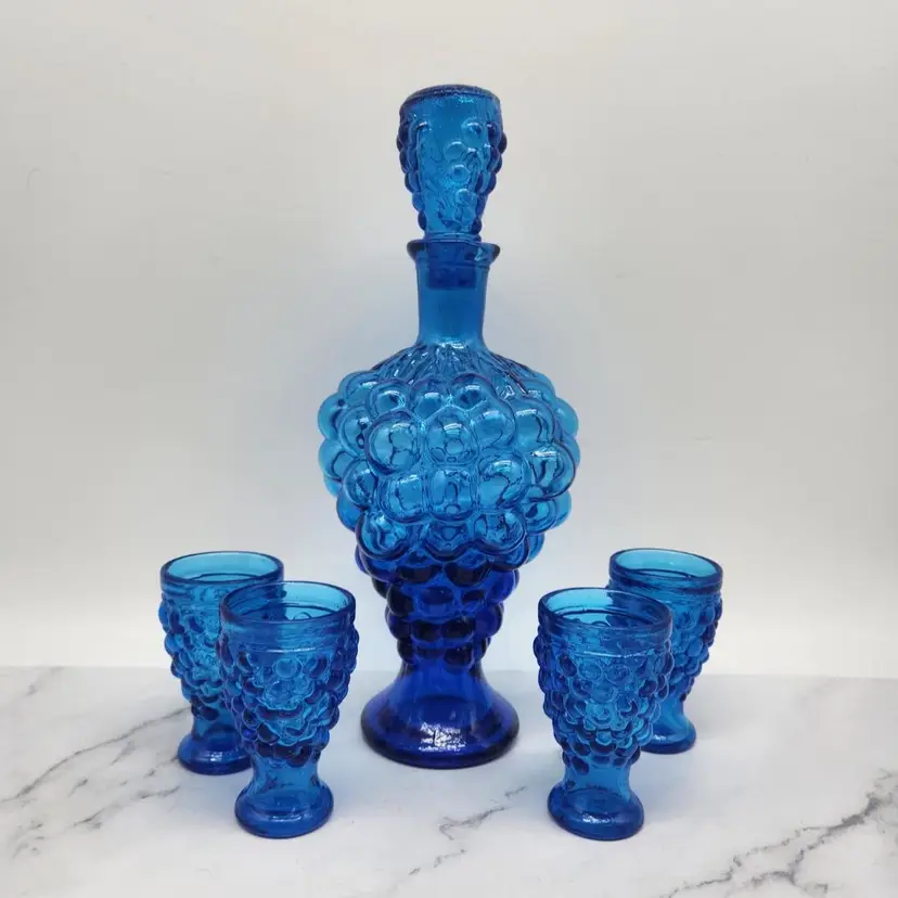 Vintage Shot Glass Cordials & Decanter Set, Blue glass grapes