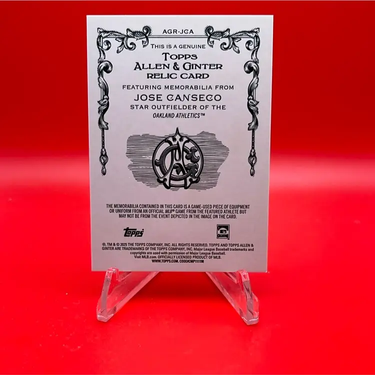 Jose Canseco 2025 Topps Allen & Ginter Full Size Relic Oakland A’s