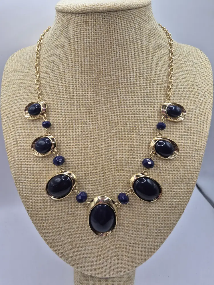 Charming Charlie Dark Blue Gold Tone 17" Statement Necklace