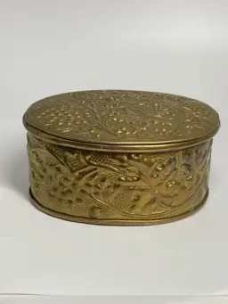 Vintage Brass Oval Box w/ a Grape & Leaf Pattern, 5" Wide