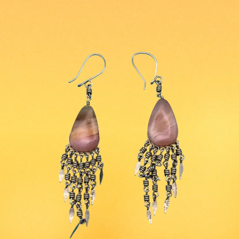 Vintage Boho Pink Stone Dangle Earrings with Fringe