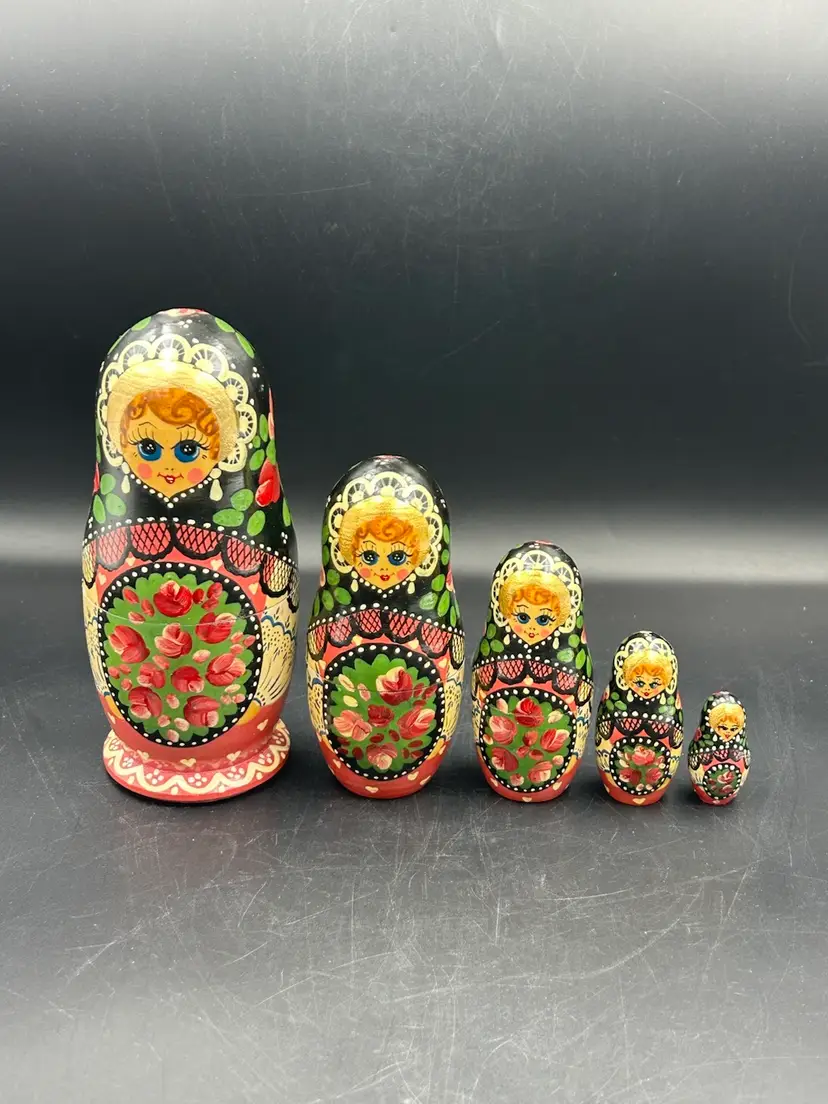 Vintage Russian 5pc Matryoshka Black, Gold, Pink Floral, Wood Nesting Doll