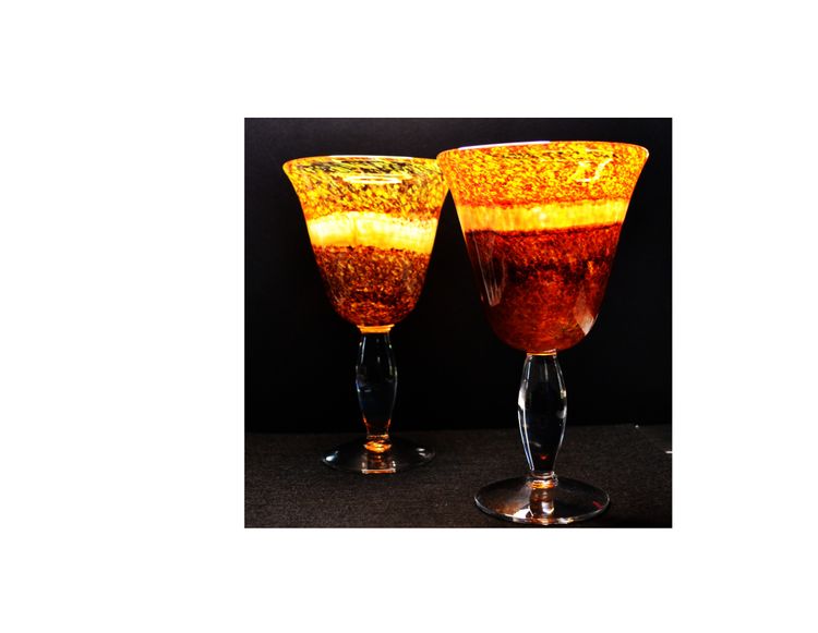 Hand Blown Art Glass Goblets Fiery Molten Orange Red Stemware Vintage Barware