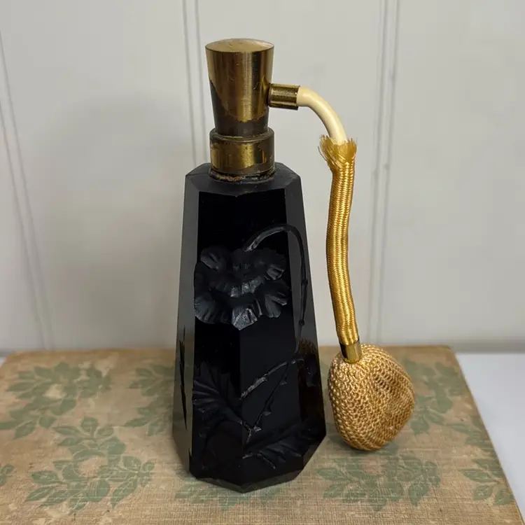 Bohemian Czech deep-carved black art glass perfume bottle