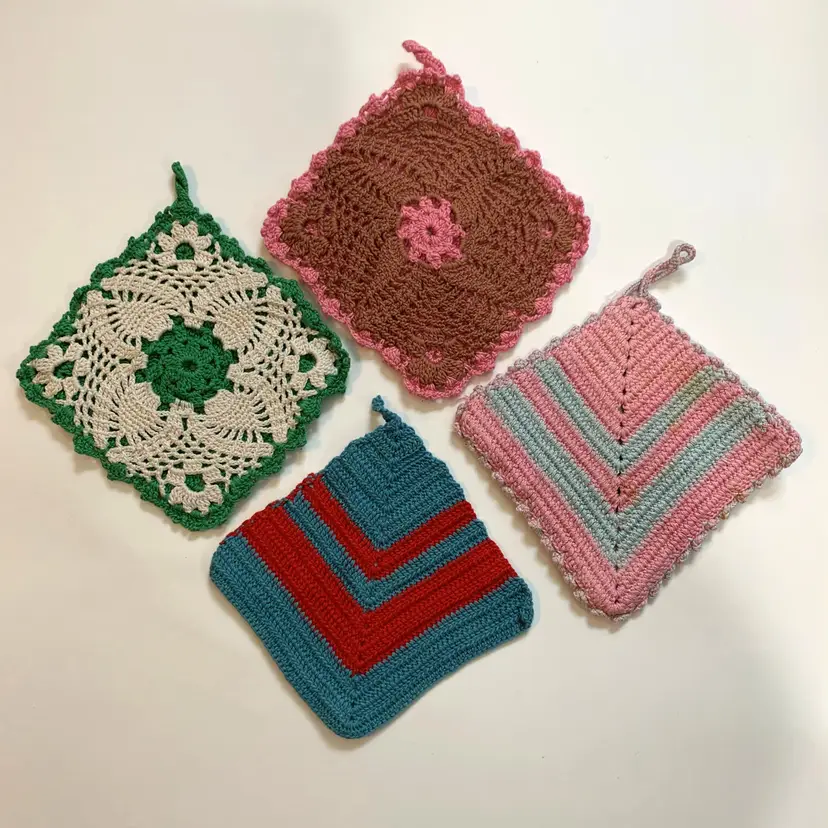Lot 4 Crocheted Pot Holders Hot Pad Trivet Floral Flower Stripe 50s Cottage Core Vintage Farmhouse Country Granny