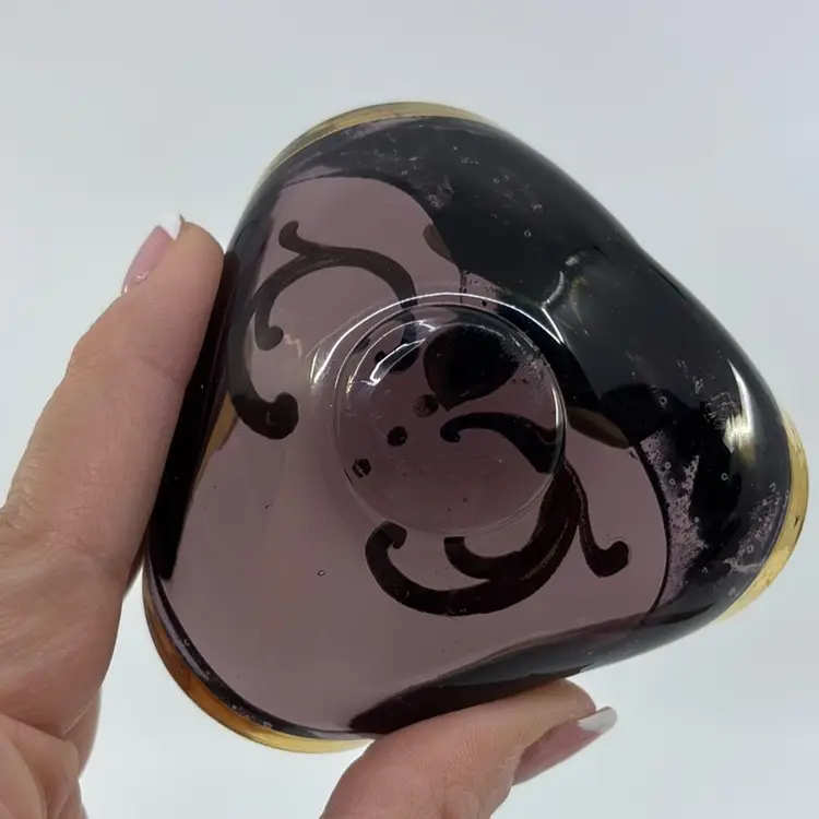 Bohemian Art Glass Floral Mini Amethyst Trinket Dish 3”