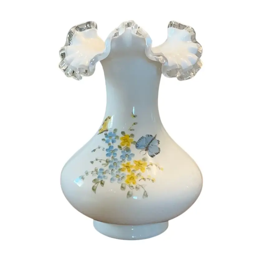 Fenton Milk Glass With Silver Crest Ruffle Butterflies And Floral Design HP By Beth Nash (1976-78)
