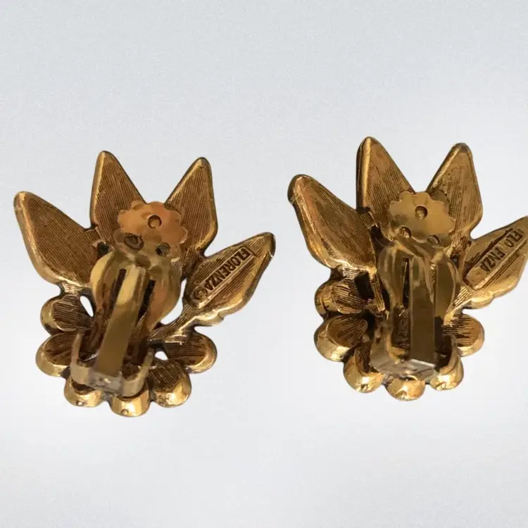 Florenza Gold Tone Flower Clip-on Floral Earrings. Rhinestones In Shades Of Pink And Green