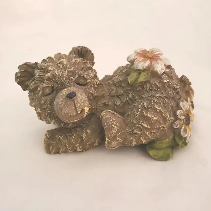Bear Figurine with Flowers Resin Unbranded 4 7/8" long approximately