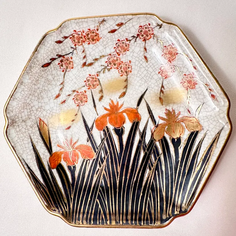 Vintage Collectible TOYO Japan Irises And Cherry Blossoms Hexagonal Wall Plate