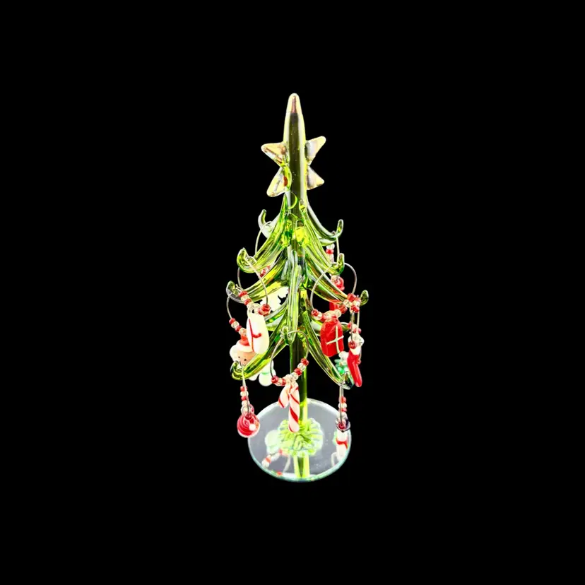 Vintage Handblown Christmas Tree Wine Charm Holder & 11 Charms Tree Is 8” Tall x 4” Wide