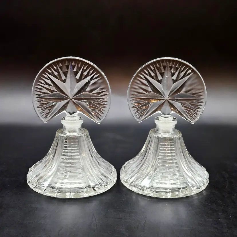 Art Deco Pressed Glass Perfume Bottles Starburst Fan Stoppers Vintage Set of 2