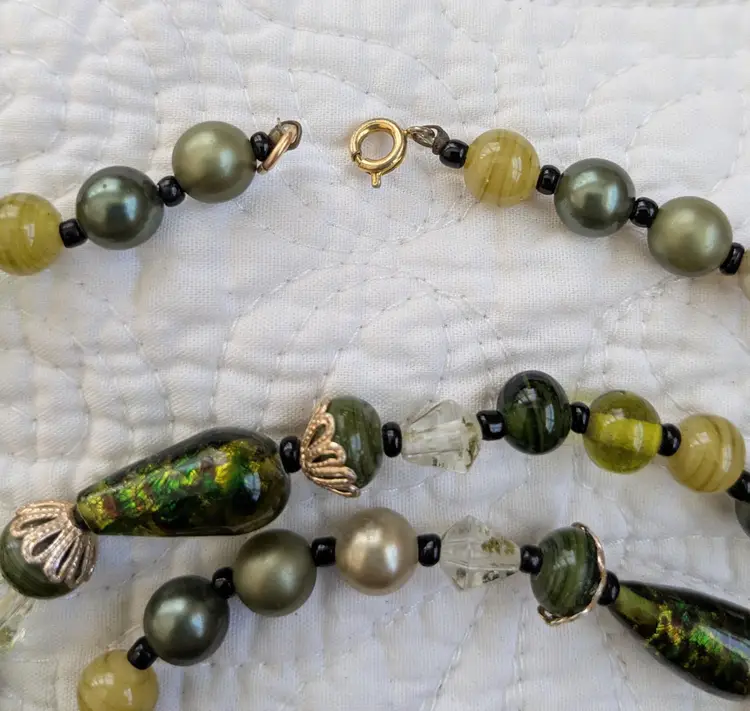 Vintage 58" Art Glass and Faux Pearl Necklace in Shades of Green