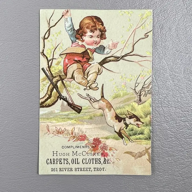 Victorian Trade Card Dog Boy Hunting Hugh McCusker Carpets Oils Cloths Troy, NY 261 River Street
