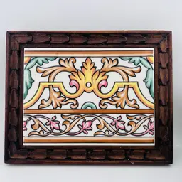 Vintage Ceramic Tile In Carved Wooden Footed Frame Trivet 8”x10”