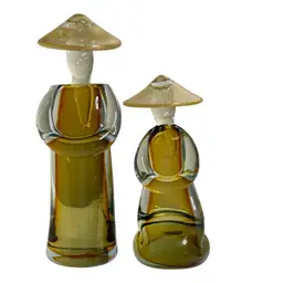 Pair of Murano Glass Asian Figurines Amber Sommerso-Gold Aventurine Hats  READ
7-1/2” T  &  5-3/4” T