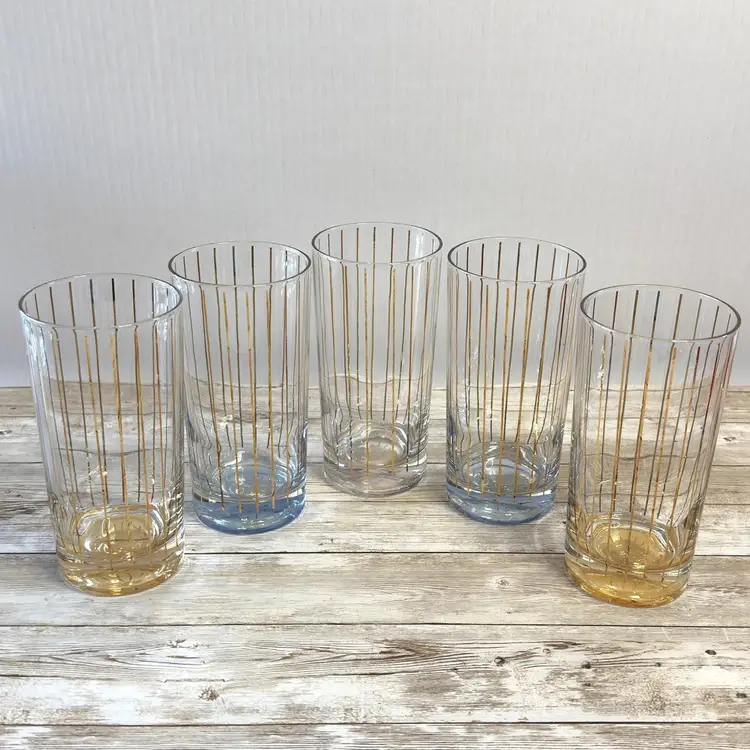 Gold Stripe Atomic Highball Glasses Set of 5 – Vintage MCM Colored Base Barware (0039-25)