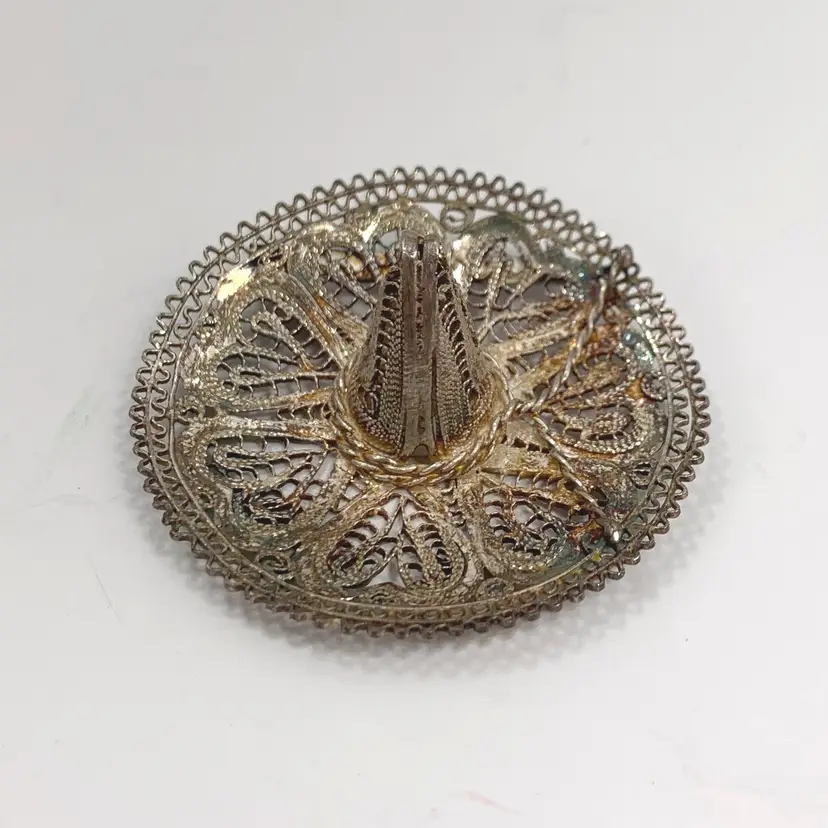 Sterling Silver Mexican Sombrero Brooch Hat Pin Vintage Filigree 2”