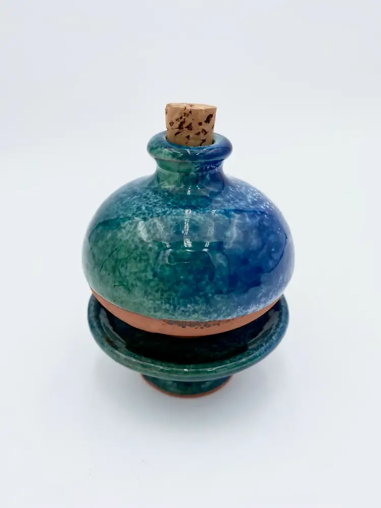 Studio Pottery (France) Red Clay Oil Diffuser with Pedestal, Blue/Green Glaze